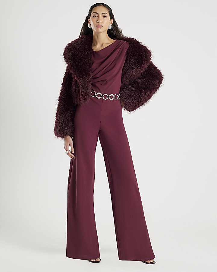 Purple Short Sleeve Asymmetric Drape Jumpsuit