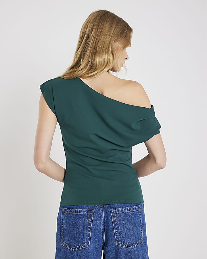 Green Short Sleeve Off Shoulder Drape Top