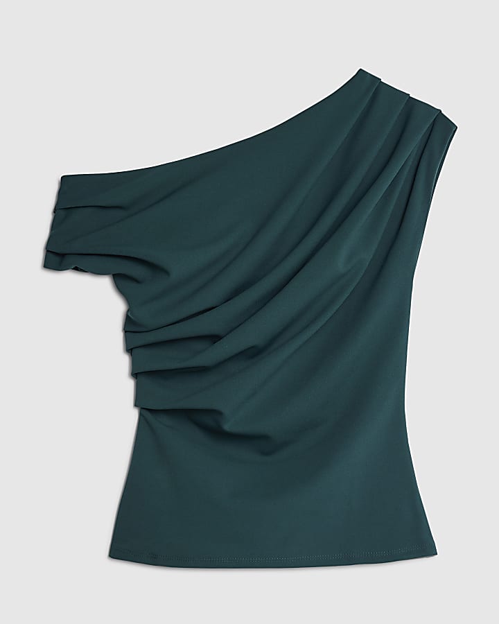 Green Short Sleeve Off Shoulder Drape Top