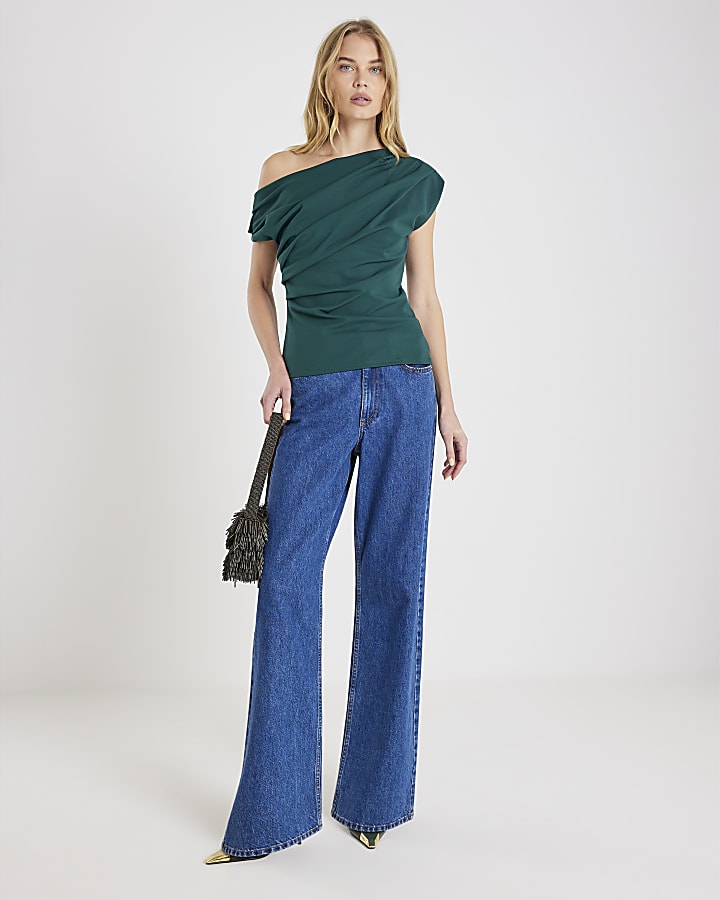 Green Short Sleeve Off Shoulder Drape Top