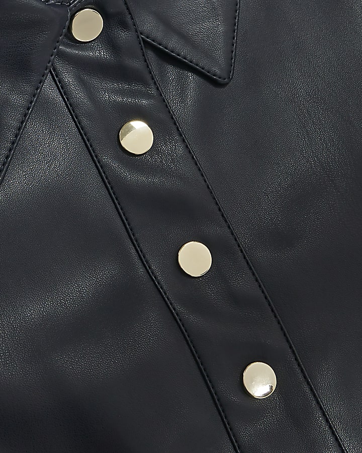 Navy Faux Leather Scallop Trim Studded Top