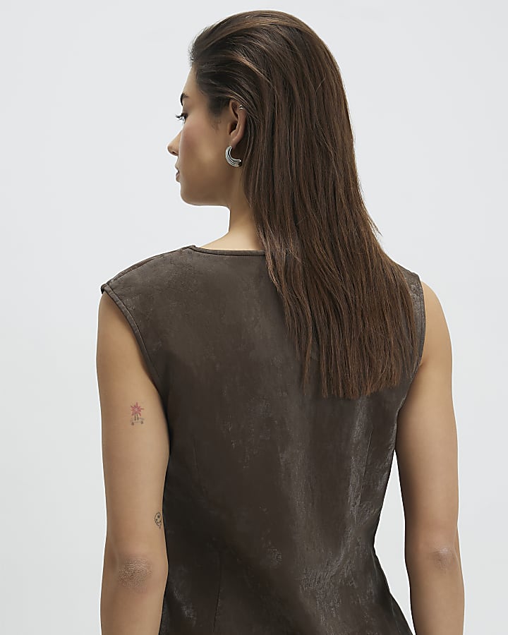 Brown Hammered Faux Leather Ruched Detail Top