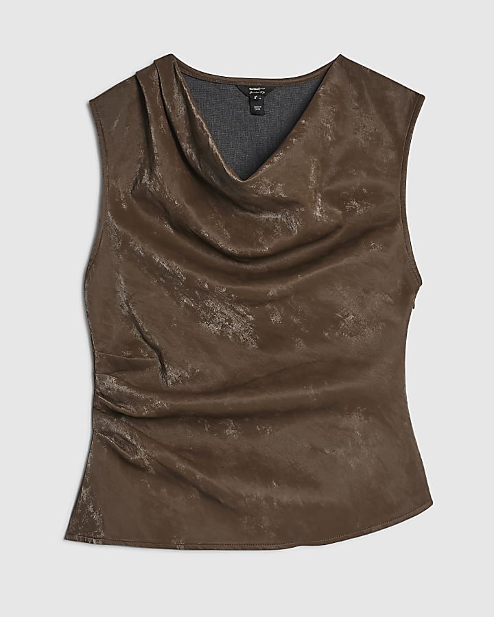 Brown Hammered Faux Leather Ruched Detail Top