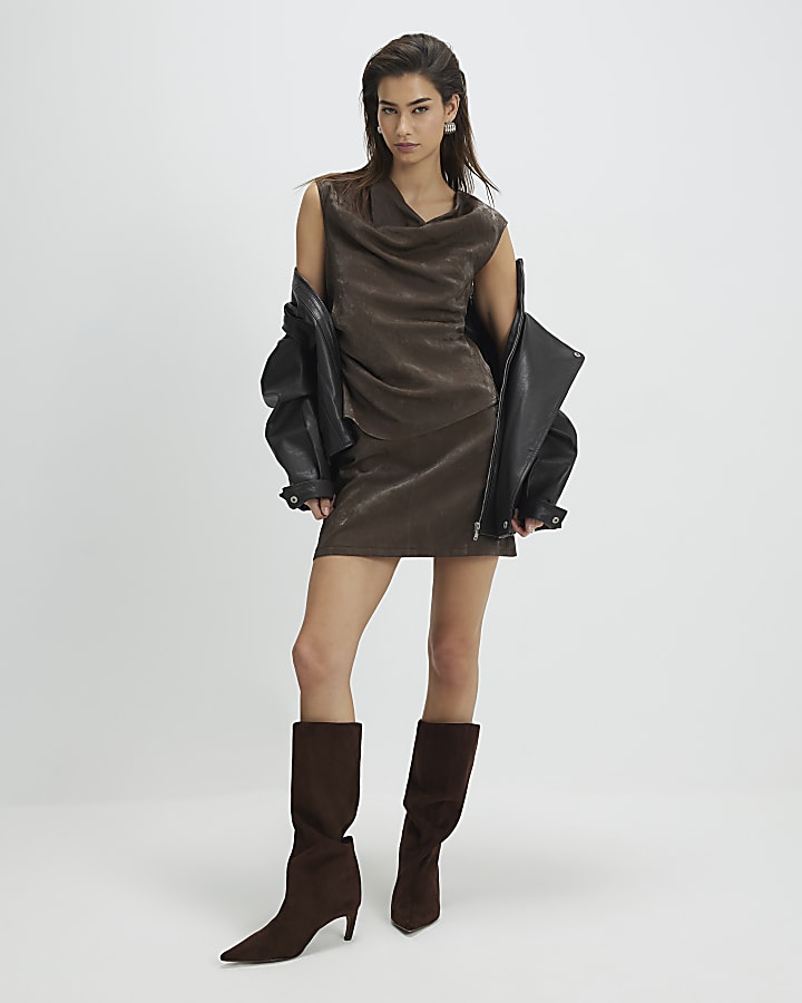 Brown Hammered Faux Leather Ruched Detail Top