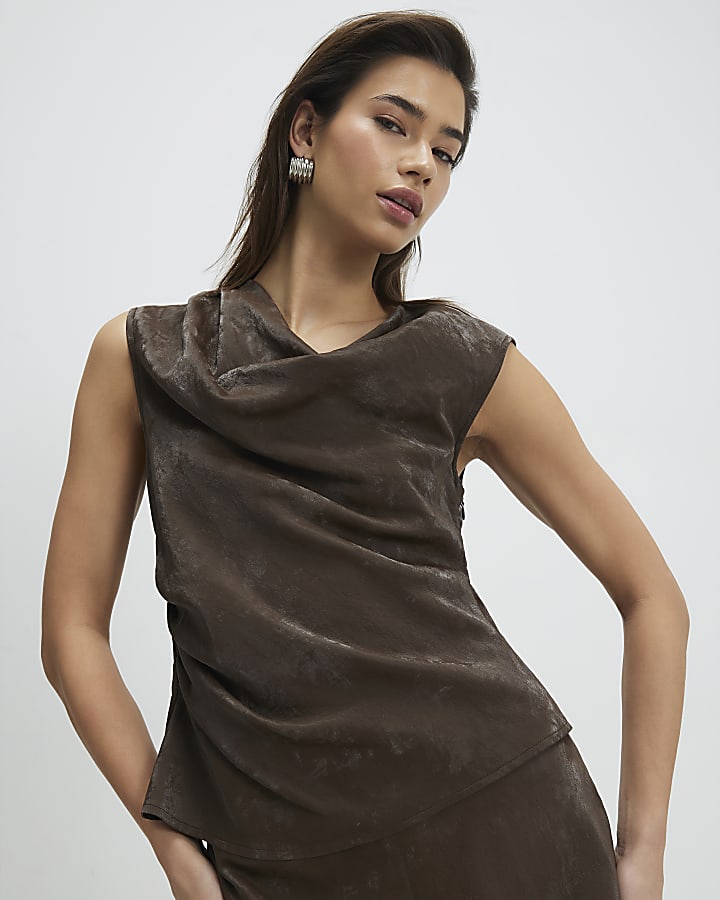 Brown Hammered Faux Leather Ruched Detail Top