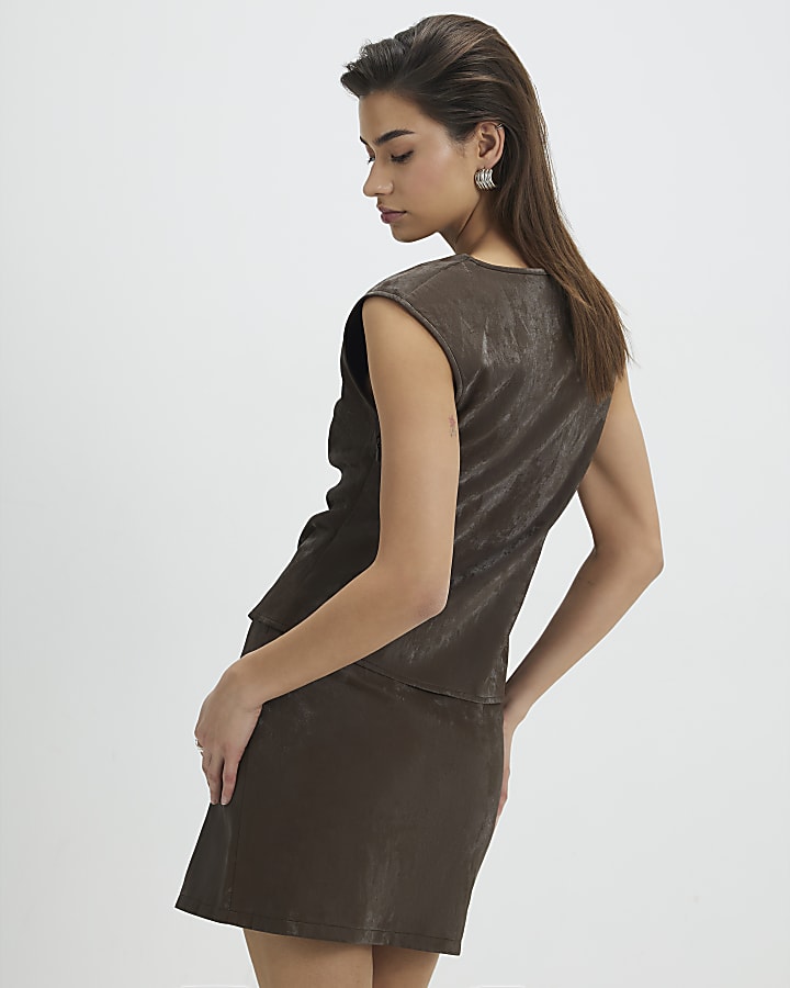 Brown Hammered Faux Leather Mini Skirt