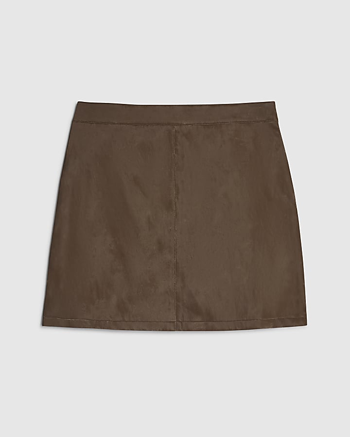 Brown Hammered Faux Leather Mini Skirt