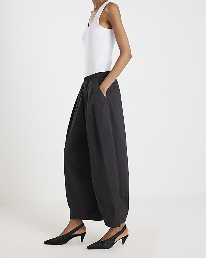 Black Poplin Barrel Leg Trousers