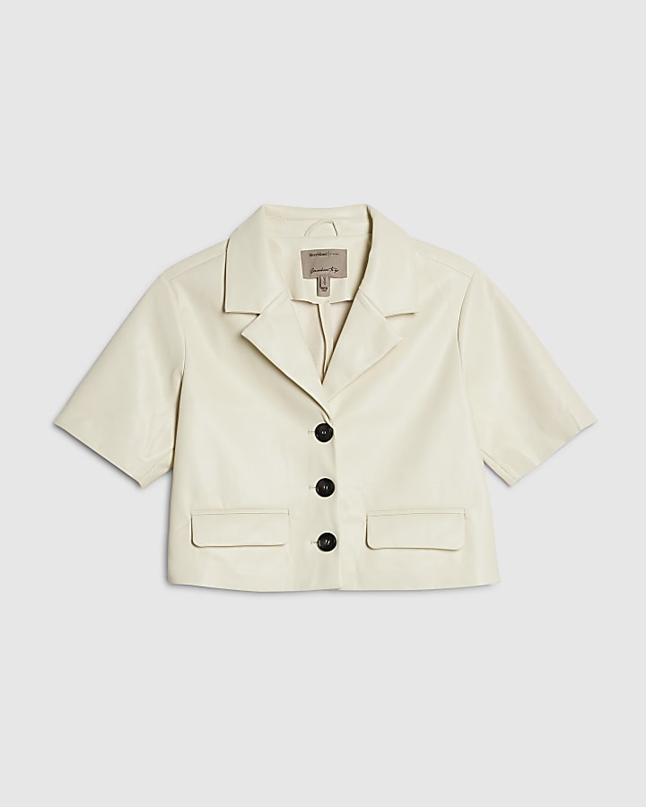 Cream Faux Leather Short Sleeve Shirt