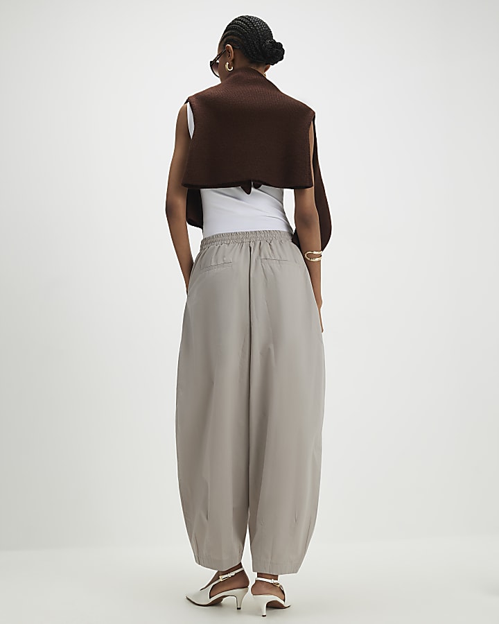 Beige Barrel Leg Pleated Trousers