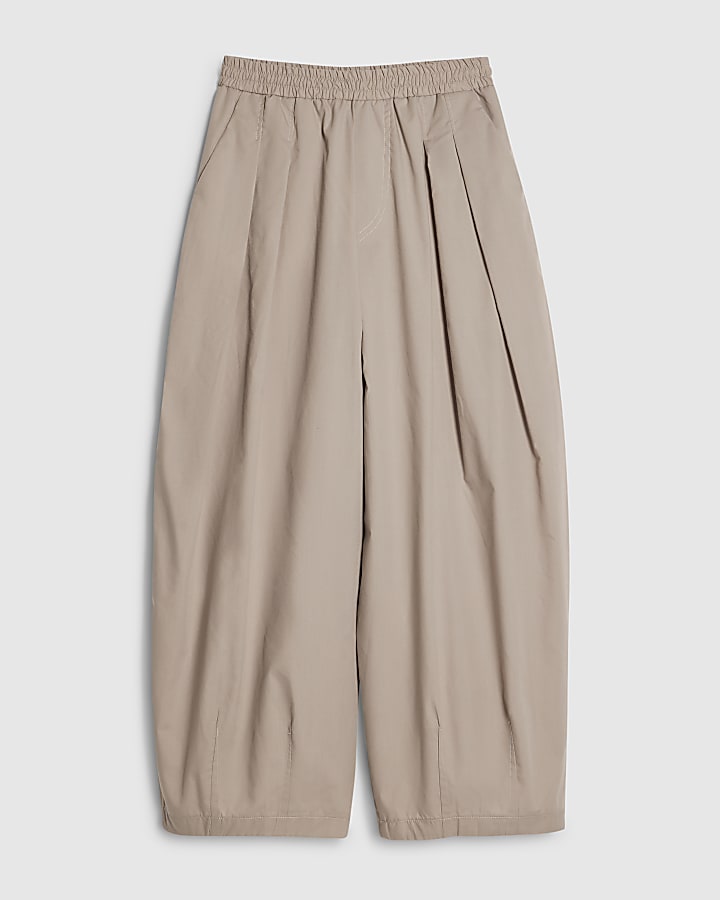 Beige Barrel Leg Pleated Trousers