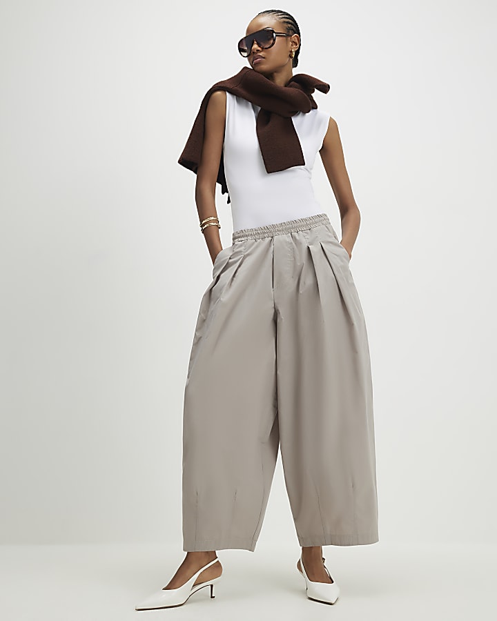 Beige Barrel Leg Pleated Trousers