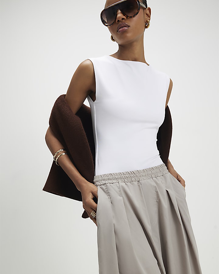 Beige Barrel Leg Pleated Trousers