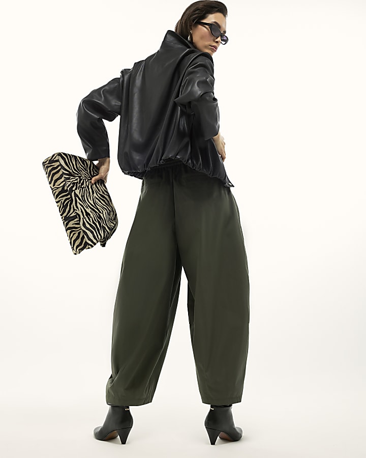 Khaki Poplin Barrel Leg Trousers