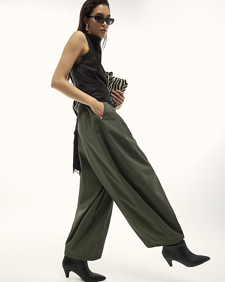 Khaki Poplin Barrel Leg Trousers