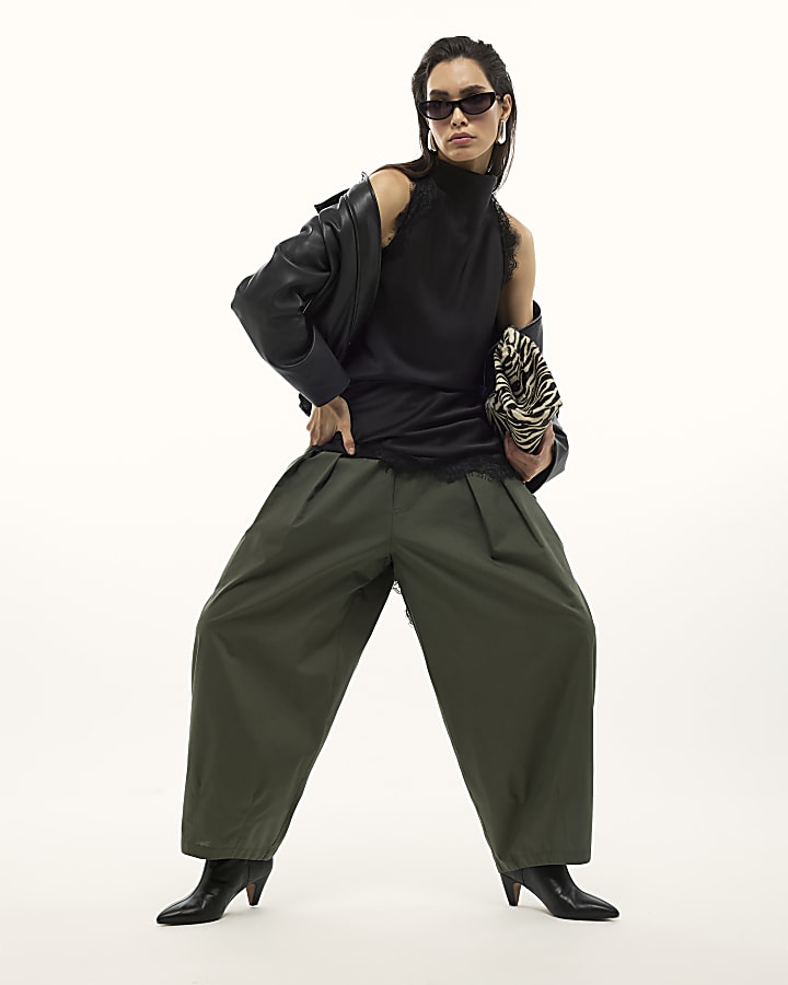 Khaki Poplin Barrel Leg Trousers
