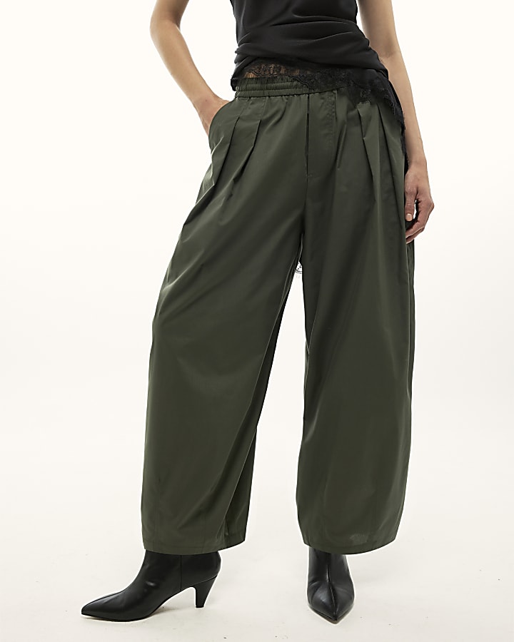 Khaki Poplin Barrel Leg Trousers