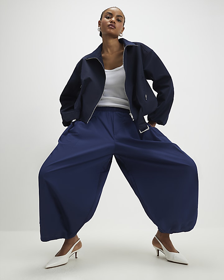 Navy Barrel Leg Trousers