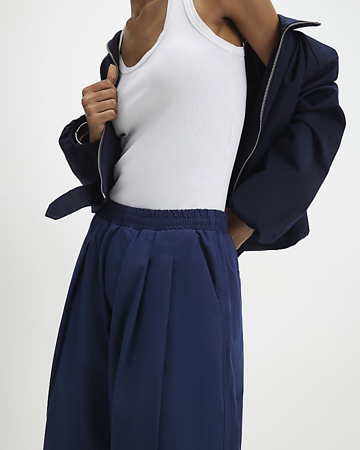 Navy Barrel Leg Trousers