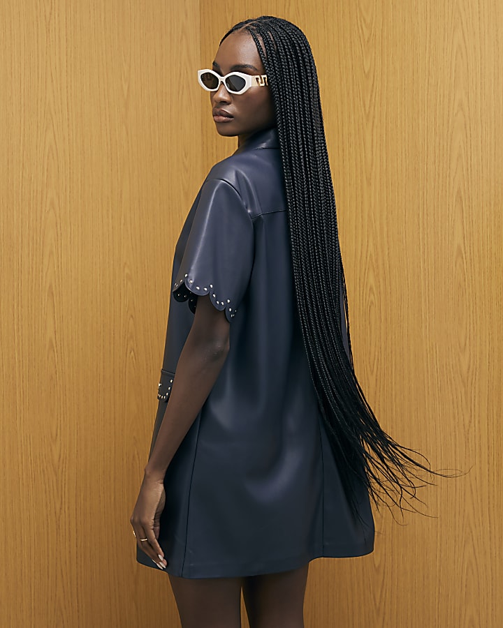 Navy Faux Leather Scallop Trim Studded Dress