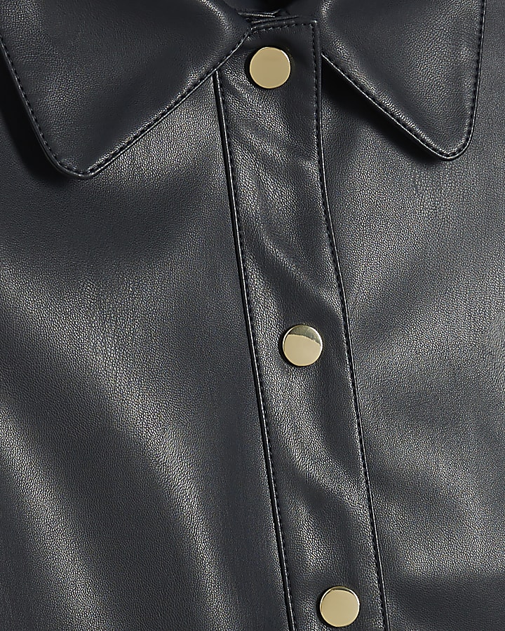 Navy Faux Leather Scallop Trim Studded Dress