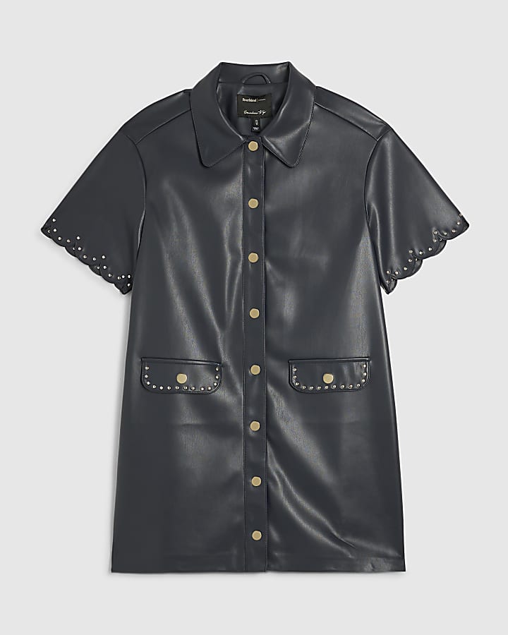 Navy Faux Leather Scallop Trim Studded Dress