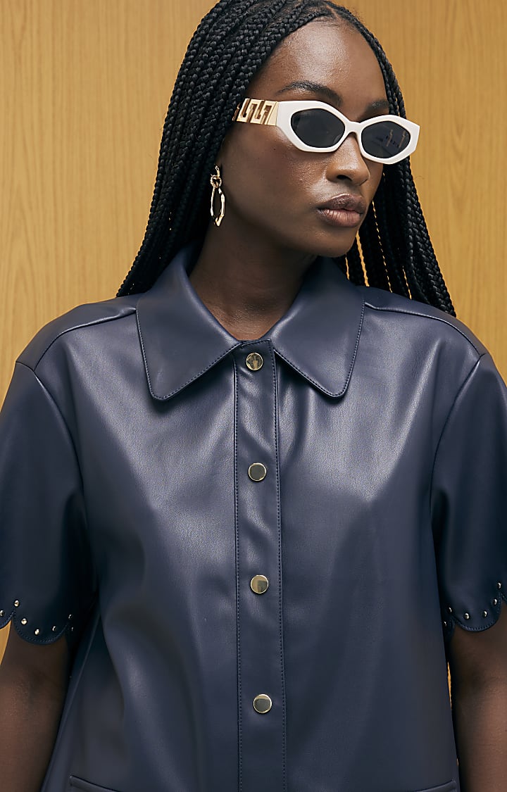 Navy Faux Leather Scallop Trim Studded Dress