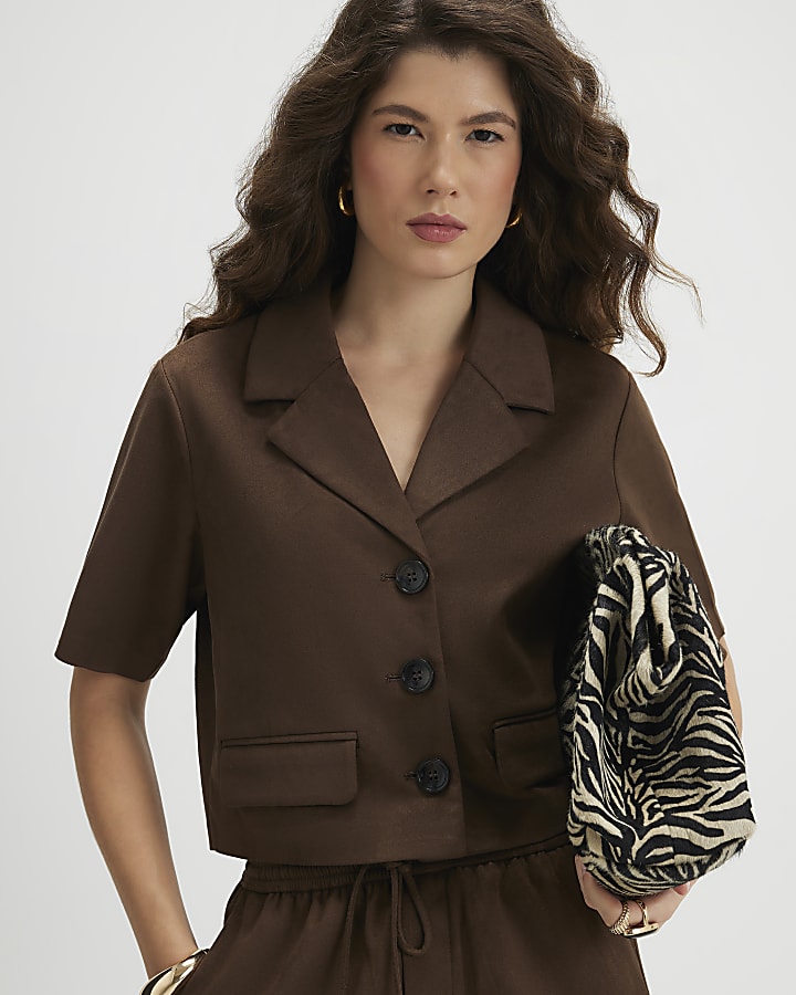 Brown Faux Suede Short Sleeve Shirt