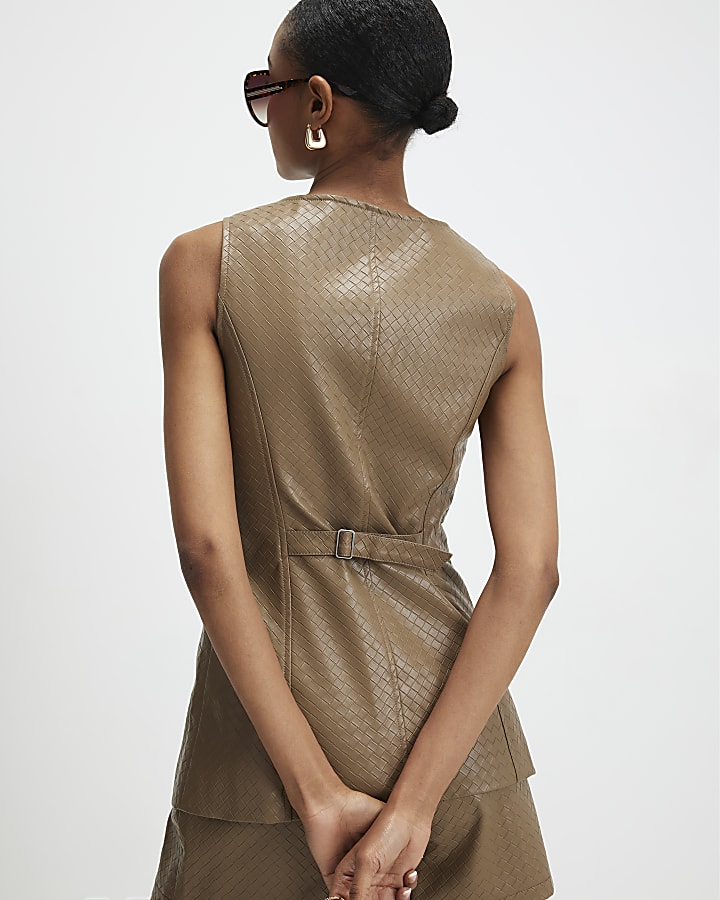 Beige Faux Leather Woven Waistcoat