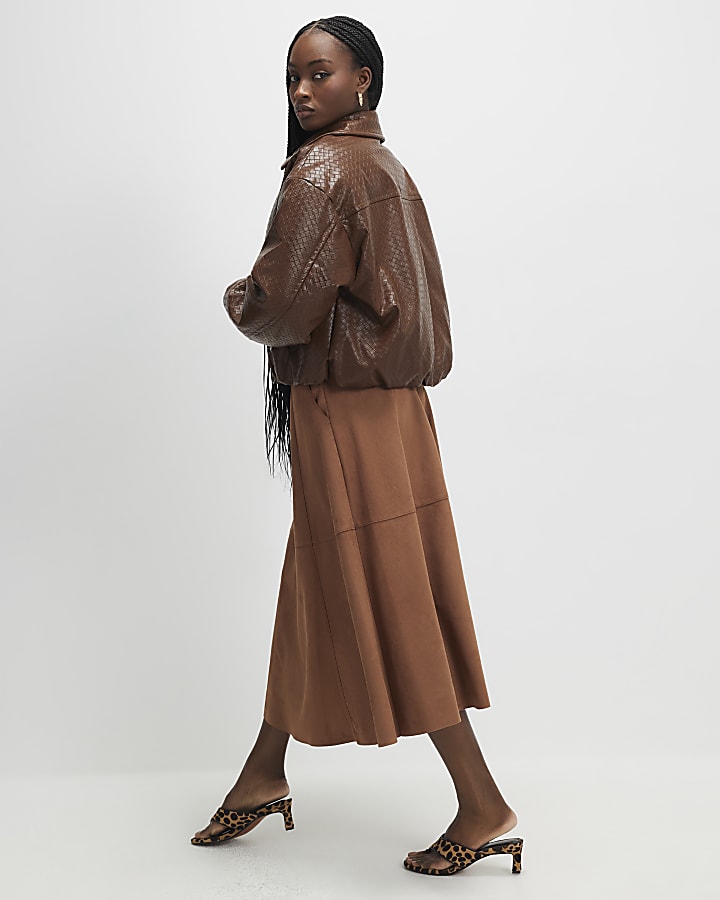 Brown Faux Suede Full Circle Midi Skirt