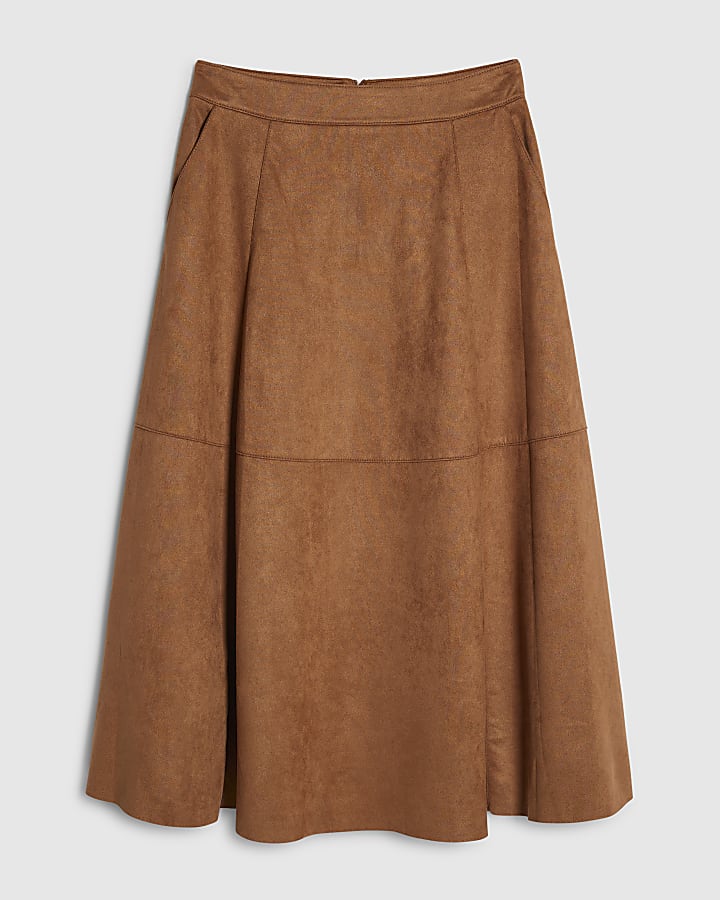 Brown Faux Suede Full Circle Midi Skirt