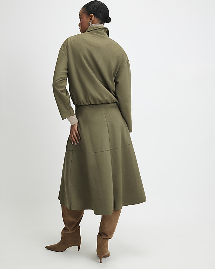 Khaki Faux Suede Full Circle Midi Skirt