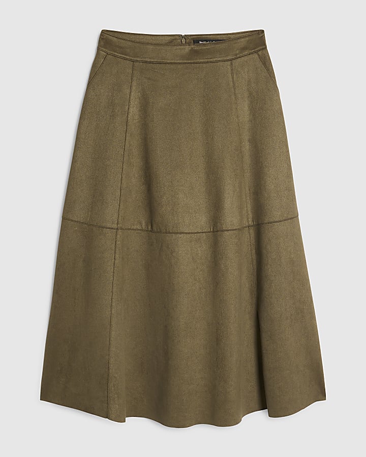 Khaki Faux Suede Full Circle Midi Skirt