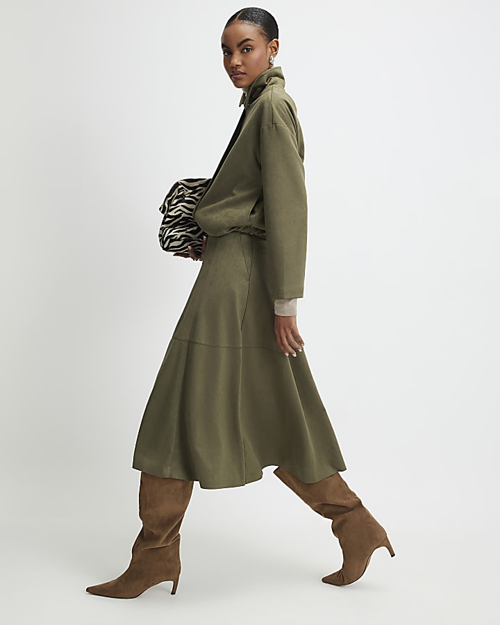 Khaki Faux Suede Full Circle Midi Skirt