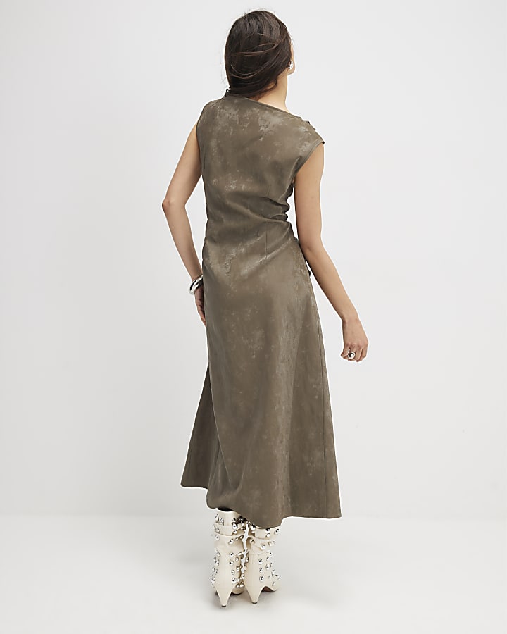 Khaki Hammered Effect Cowl Neck Midi Dress