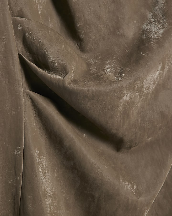 Khaki Hammered Effect Cowl Neck Midi Dress