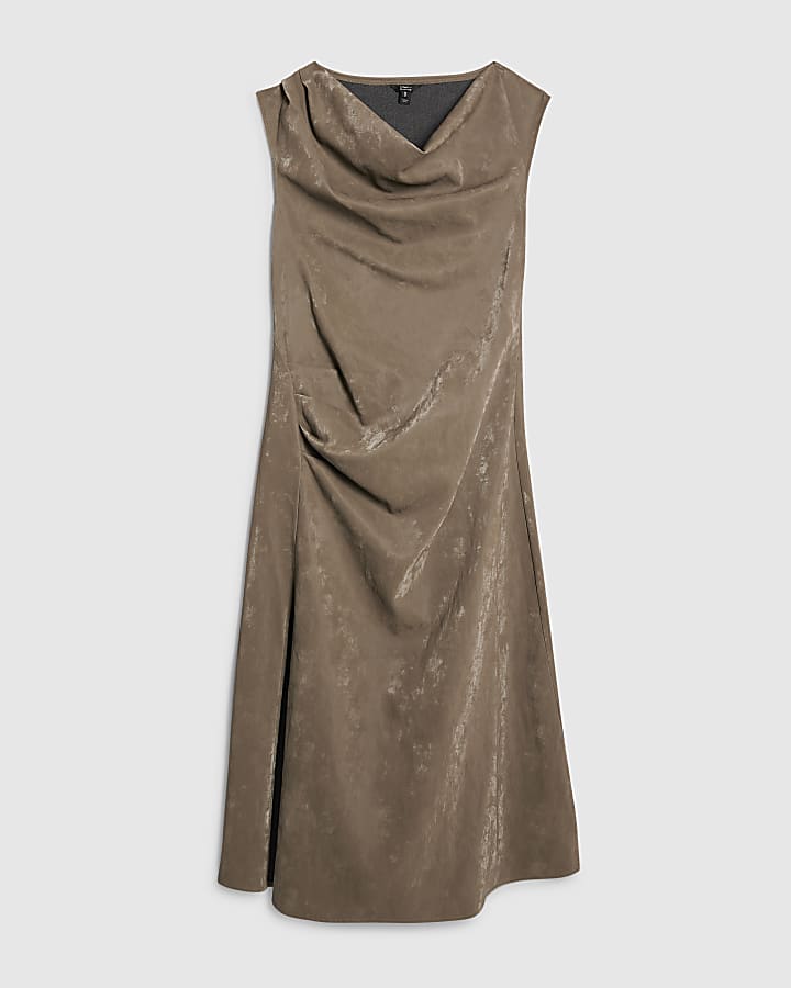 Khaki Hammered Effect Cowl Neck Midi Dress
