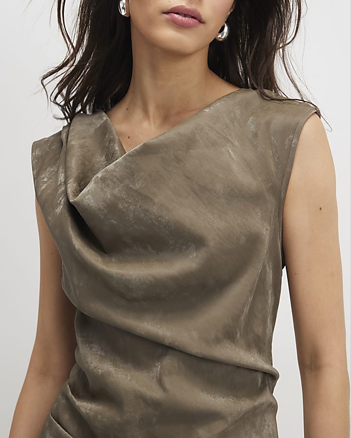 Khaki Hammered Effect Cowl Neck Midi Dress