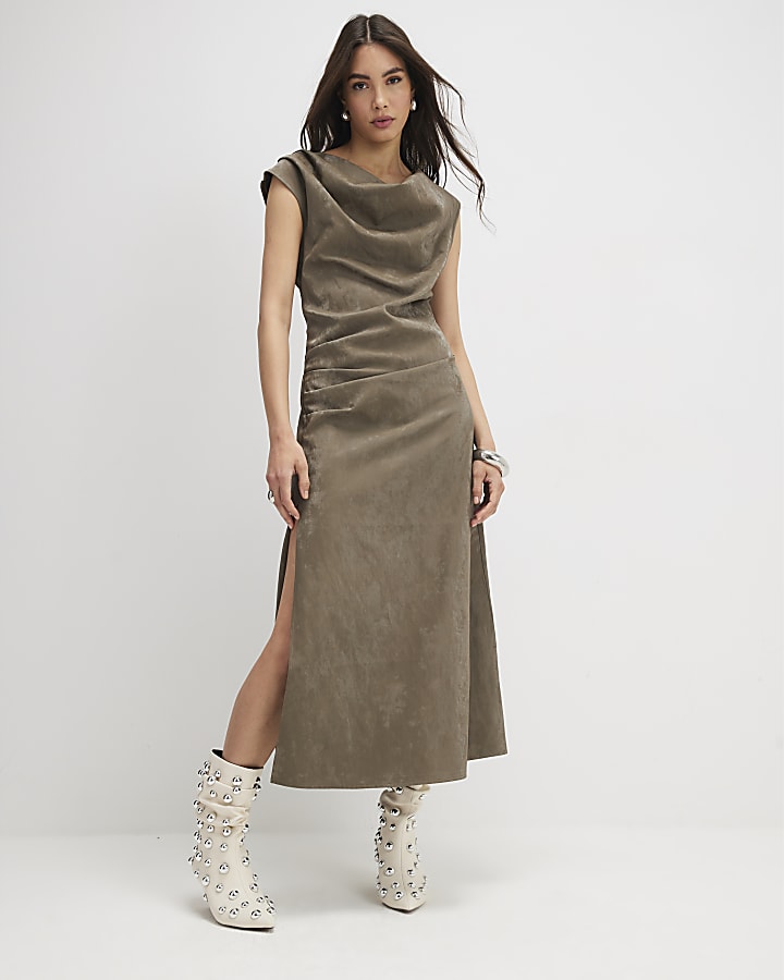 Khaki Hammered Effect Cowl Neck Midi Dress