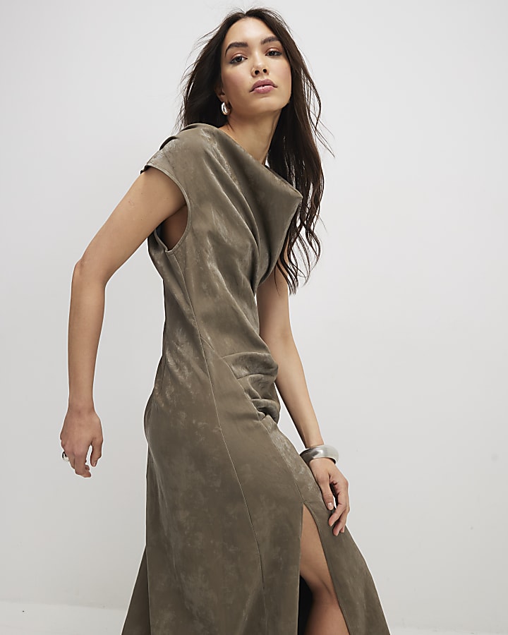Khaki Hammered Effect Cowl Neck Midi Dress