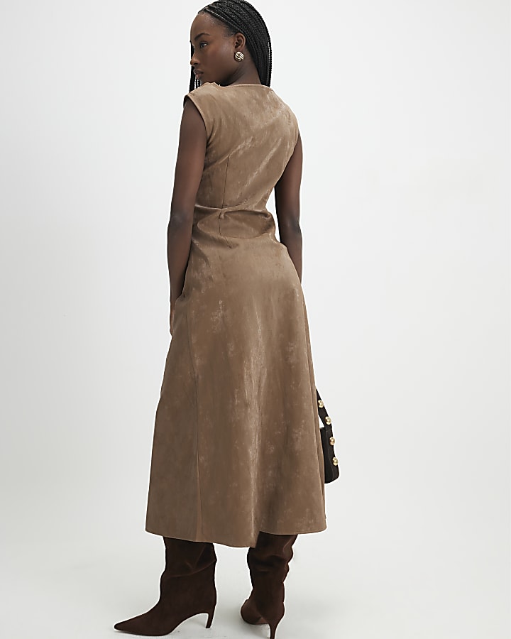 Brown Hammered Faux Leather Cowl Neck Dress