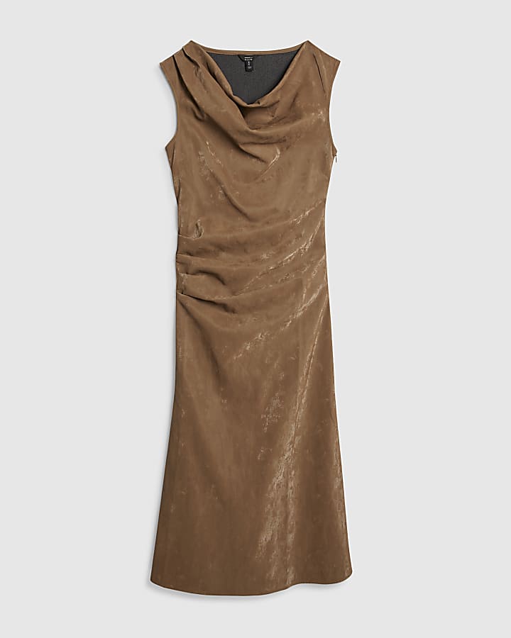 Brown Hammered Faux Leather Cowl Neck Dress