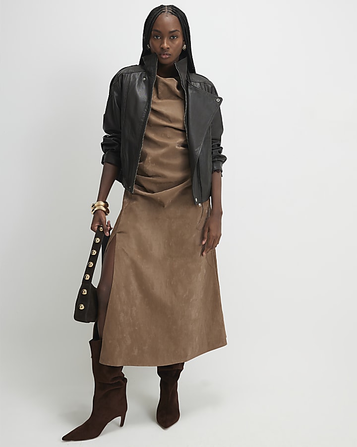 Brown Hammered Faux Leather Cowl Neck Dress