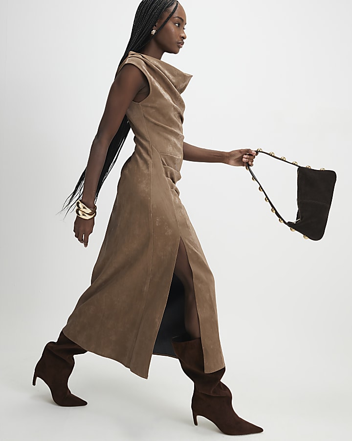 Brown Hammered Faux Leather Cowl Neck Dress