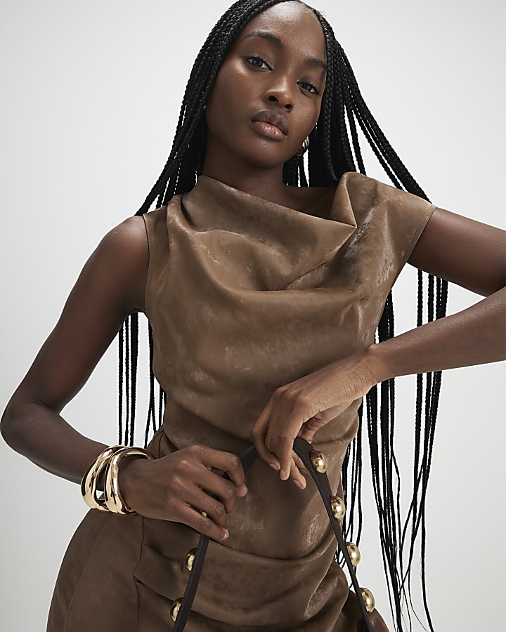 Brown Hammered Faux Leather Cowl Neck Dress