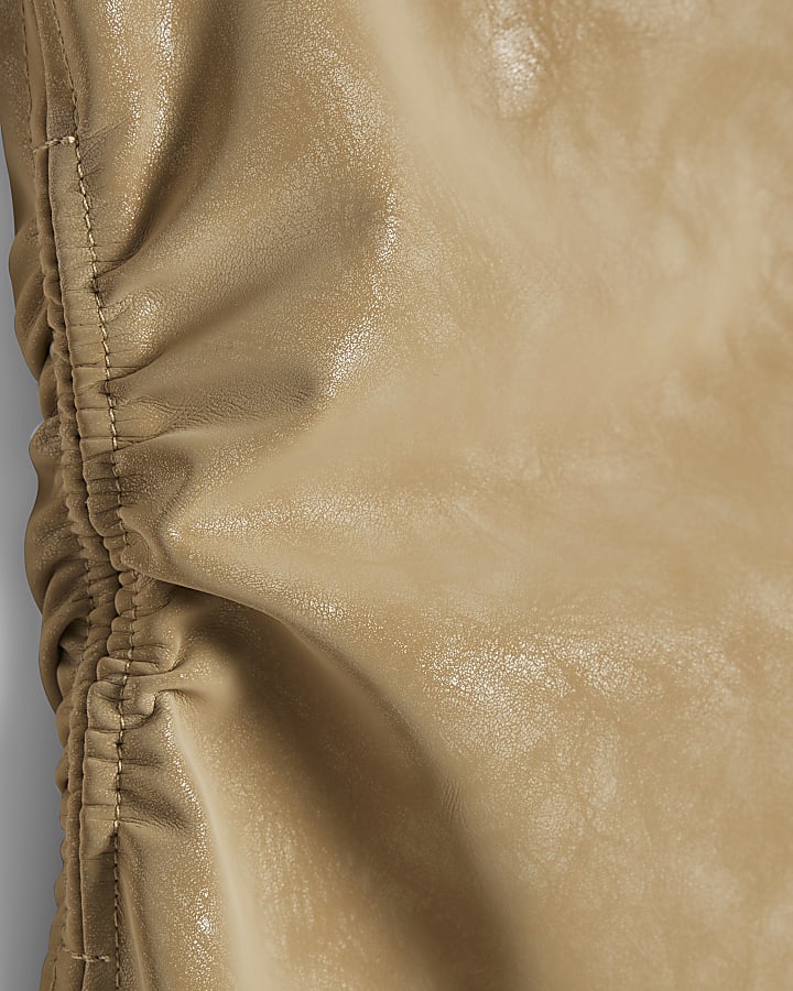 Beige Ruched Hammered Faux Leather Mini Dress