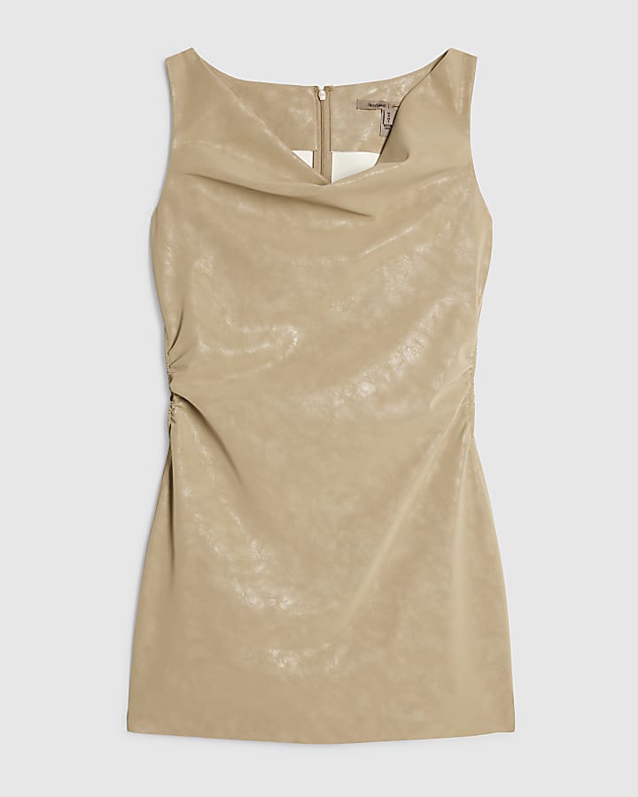 Beige Ruched Hammered Faux Leather Mini Dress