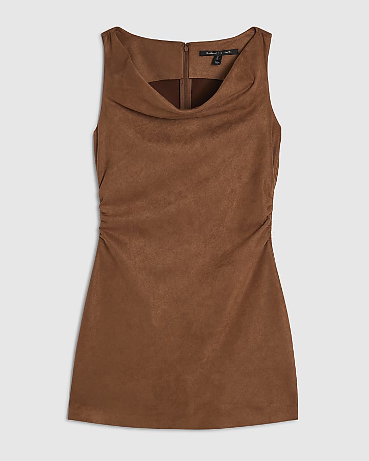 Brown Ruched Faux Suede Mini Dress