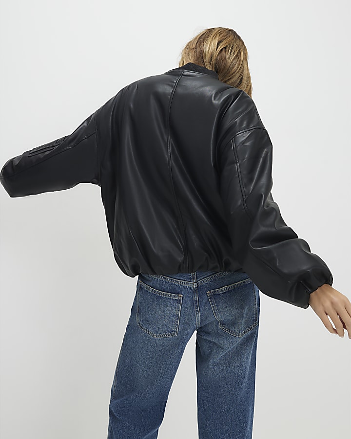 Black Faux Leather Bomber Jacket