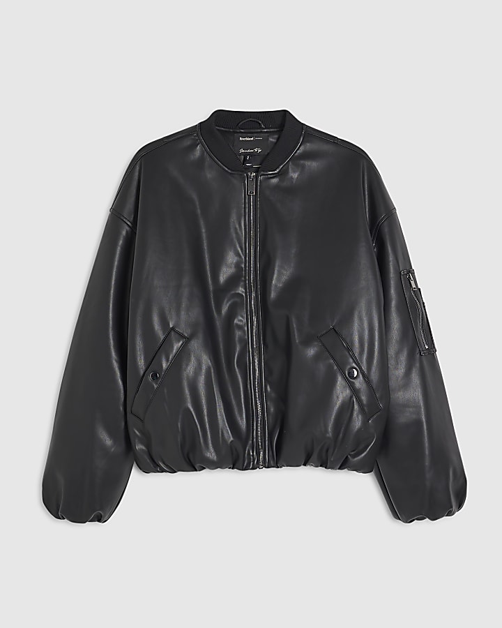 Black Faux Leather Bomber Jacket